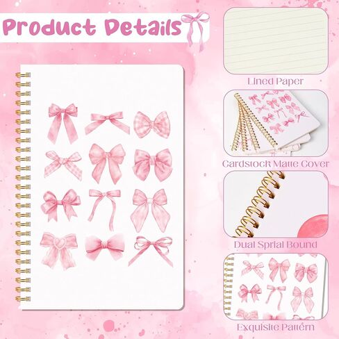 CNhoqc Pink Bow Spiral Notebook - 4-Sets A5 Watercolor Coquette College Ruled Paper Lined Pages Spiral Bound Journal Hardcover Notebook Ballpoint Pens Organza Bags Note Taking Work School Supplies in Saudi Arabia