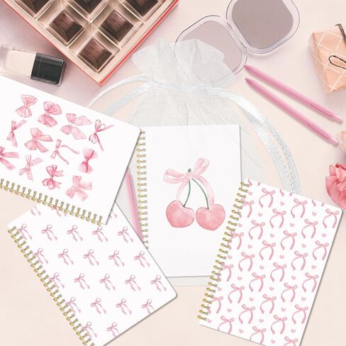 CNhoqc Pink Bow Spiral Notebook - 4-Sets A5 Watercolor Coquette College Ruled Paper Lined Pages Spiral Bound Journal Hardcover Notebook Ballpoint Pens Organza Bags Note Taking Work School Supplies in Saudi Arabia