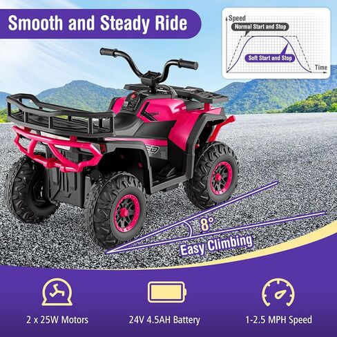 Costzon 24V Kids ATV، مركبة كهربائية رباعية العجلات مع أضواء LED، رف تخزين خلفي، تعليق زنبركي واتصال لاسلكي، لعبة ركوب للأطفال ذات 4 عجلات للأولاد والبنات (وردي، 24 فولت) in Saudi Arabia