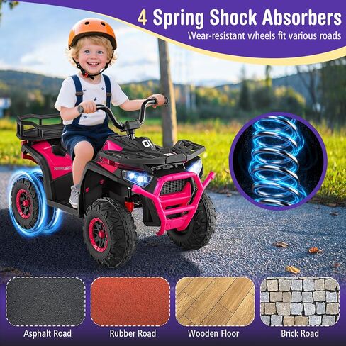Costzon 24V Kids ATV، مركبة كهربائية رباعية العجلات مع أضواء LED، رف تخزين خلفي، تعليق زنبركي واتصال لاسلكي، لعبة ركوب للأطفال ذات 4 عجلات للأولاد والبنات (وردي، 24 فولت) in Saudi Arabia