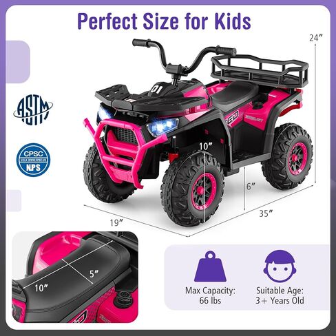 Costzon 24V Kids ATV، مركبة كهربائية رباعية العجلات مع أضواء LED، رف تخزين خلفي، تعليق زنبركي واتصال لاسلكي، لعبة ركوب للأطفال ذات 4 عجلات للأولاد والبنات (وردي، 24 فولت) in Saudi Arabia