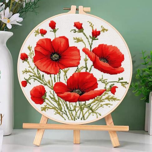 DIY Cross Stitch Kits Red Poppy Flower with Hoop 11CT Needlepoint Embroidery Stamped Counted Cross Stitch Set Craft Wall Decor 20x20cm-3 in Saudi Arabia