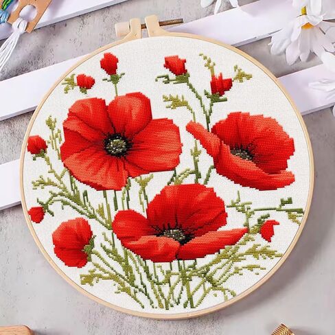 DIY Cross Stitch Kits Red Poppy Flower with Hoop 11CT Needlepoint Embroidery Stamped Counted Cross Stitch Set Craft Wall Decor 20x20cm-3 in Saudi Arabia
