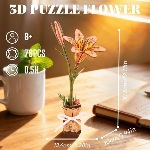 3D Flower Wooden Puzzles Kit, DIY Wooden Flowers Model Kit for Adults, Kids, Valentine's Day/Mother's Day/Birthday/Christmas Toy Gift Set (Pink Lily) in Saudi Arabia