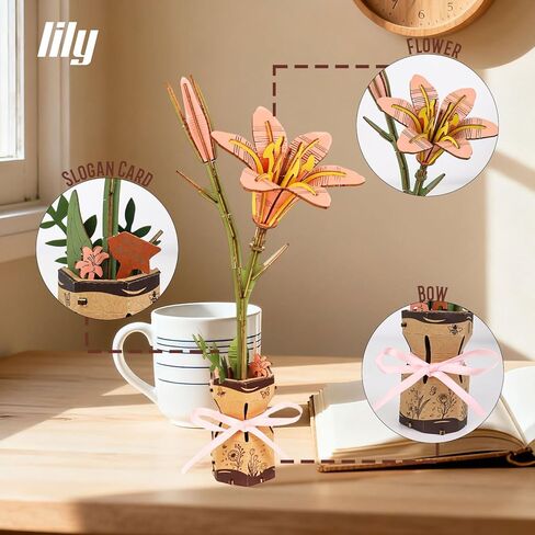 3D Flower Wooden Puzzles Kit, DIY Wooden Flowers Model Kit for Adults, Kids, Valentine's Day/Mother's Day/Birthday/Christmas Toy Gift Set (Pink Lily) in Saudi Arabia