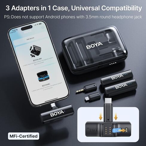 BOYA BOYALINK-W ميكروفون لاسلكي Lavalier لأجهزة iPhone/Android/Camera Vlogging، نظام ميكروفون مزدوج الكل في واحد ومدخل Lightning وUSB-C وحافظة بطارية للهواتف الذكية/DSLR YouTube Facebook Live in Saudi Arabia