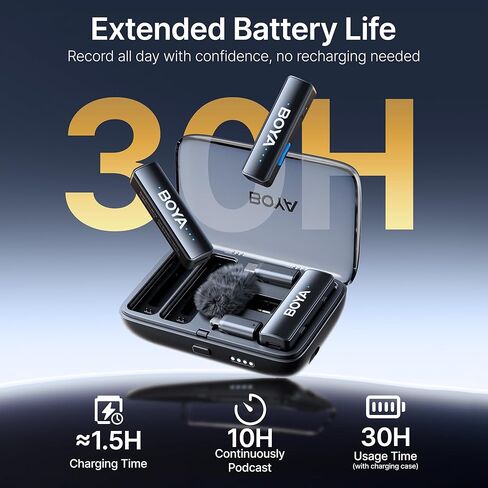 BOYA BOYALINK-W ميكروفون لاسلكي Lavalier لأجهزة iPhone/Android/Camera Vlogging، نظام ميكروفون مزدوج الكل في واحد ومدخل Lightning وUSB-C وحافظة بطارية للهواتف الذكية/DSLR YouTube Facebook Live in Saudi Arabia