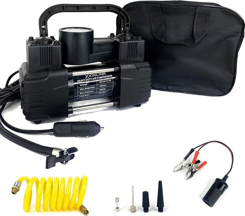 Black Tire Inflator Heavy Duty Double Cylinders with Portable Bag - Car Accessories, Metal 12V Air Compressor Pump 150PSI with Adapter for Car, Truck, SUV Tires, Dinghy, Air Bed etc in Saudi Arabia