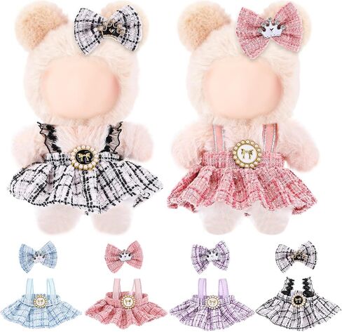 4 Pack 17cm Doll Clothes Set Black & Pink & Blue & Purple Stylish Plaid Tweed Dress and Bow Outfit for 17cm Doll Dress up Adorable Kawaii Clothes Accessories in Saudi Arabia