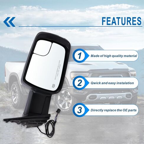 مرآة جانبية للسائق الأيسر متوافقة مع 2019 2020 2021 2022 2023 2024 2025 Ram 1500 مع طاقة قابلة للطي ساخنة لإشارة الانعطاف، مستشعر درجة الحرارة، ضوء أسود غير لامع، استبدال #68462769AB(8+6 دبابيس) in Saudi Arabia