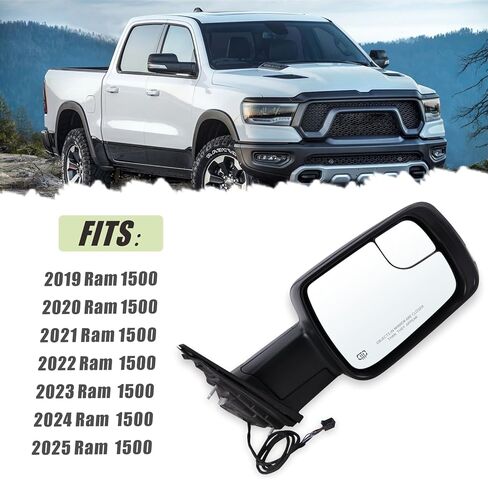مرآة جانبية للسائق الأيسر متوافقة مع 2019 2020 2021 2022 2023 2024 2025 Ram 1500 مع طاقة قابلة للطي ساخنة لإشارة الانعطاف، مستشعر درجة الحرارة، ضوء أسود غير لامع، استبدال #68462769AB(8+6 دبابيس) in Saudi Arabia