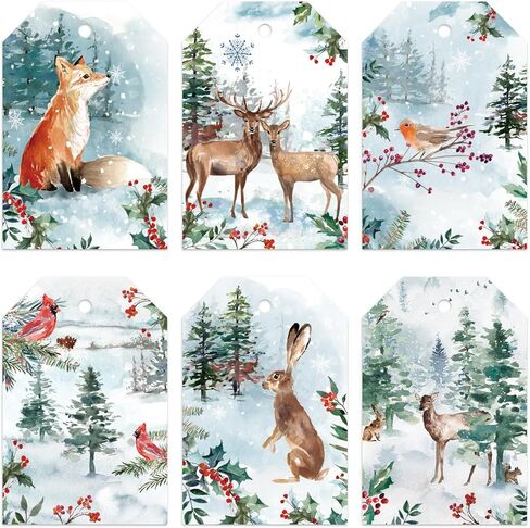 Whaline 90Pcs Winter Paper Tags Snowy Forest Animal Hanging Labels Name Tags with Hemp Rope for Christmas Party DIY Crafts Supplies, 6 Designs in Saudi Arabia