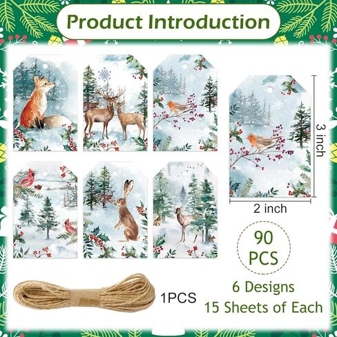 Whaline 90Pcs Winter Paper Tags Snowy Forest Animal Hanging Labels Name Tags with Hemp Rope for Christmas Party DIY Crafts Supplies, 6 Designs in Saudi Arabia
