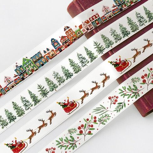 Christmas Ribbon Set – 4 pcs, 1" (25 mm) New Year Satin Ribbons, Village, Pine Trees, Santa Sleigh, Holly & Berry Prints for Gift Wrap Bows in Saudi Arabia