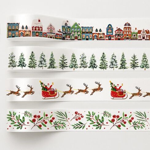 Christmas Ribbon Set – 4 pcs, 1" (25 mm) New Year Satin Ribbons, Village, Pine Trees, Santa Sleigh, Holly & Berry Prints for Gift Wrap Bows in Saudi Arabia