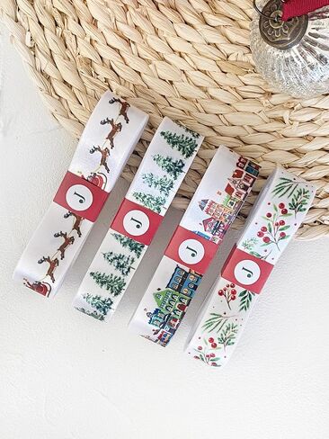 Christmas Ribbon Set – 4 pcs, 1" (25 mm) New Year Satin Ribbons, Village, Pine Trees, Santa Sleigh, Holly & Berry Prints for Gift Wrap Bows in Saudi Arabia