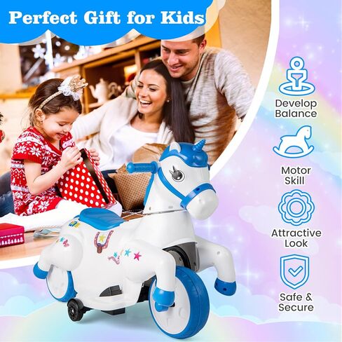 OLAKIDS 2 in 1 Ride on Motorcycle and Horse, Unicorn 6V Battery Powered Ride on Toy with Up & Down Function, MP3, Power Display, Training Wheels, Kids Electric Vehicle Aged 3-6 Years (Pink) in Saudi Arabia