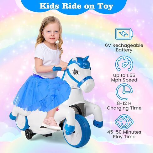 OLAKIDS 2 in 1 Ride on Motorcycle and Horse, Unicorn 6V Battery Powered Ride on Toy with Up & Down Function, MP3, Power Display, Training Wheels, Kids Electric Vehicle Aged 3-6 Years (Pink) in Saudi Arabia