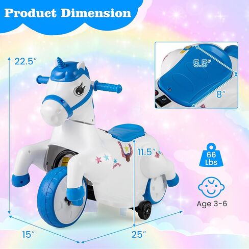 OLAKIDS 2 in 1 Ride on Motorcycle and Horse, Unicorn 6V Battery Powered Ride on Toy with Up & Down Function, MP3, Power Display, Training Wheels, Kids Electric Vehicle Aged 3-6 Years (Pink) in Saudi Arabia