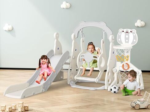Toddler Slide, 6 in 1 Toddler Playset - Upgrade with Kids Slide, Swing, Soccer and Ring Toss for Age 1-3, Indoor and Outdoor Playground (Gray) in Saudi Arabia