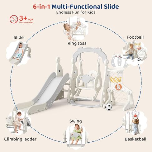 Toddler Slide, 6 in 1 Toddler Playset - Upgrade with Kids Slide, Swing, Soccer and Ring Toss for Age 1-3, Indoor and Outdoor Playground (Gray) in Saudi Arabia