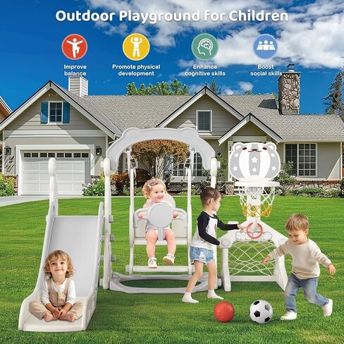 Toddler Slide, 6 in 1 Toddler Playset - Upgrade with Kids Slide, Swing, Soccer and Ring Toss for Age 1-3, Indoor and Outdoor Playground (Gray) in Saudi Arabia