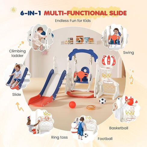 Toddler Slide, 6 in 1 Toddler Playset - Upgrade with Kids Slide, Swing, Soccer and Ring Toss for Age 1-3, Indoor and Outdoor Playground (Gray) in Kuwait