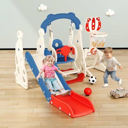 Toddler Slide, 6 in 1 Toddler Playset - Upgrade with Kids Slide, Swing, Soccer and Ring Toss for Age 1-3, Indoor and Outdoor Playground (Gray) in Kuwait
