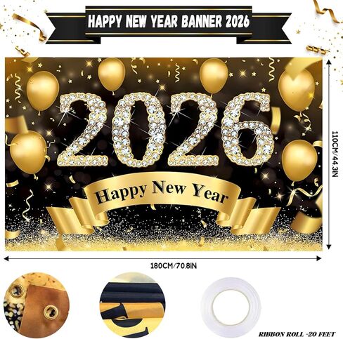 Happy New Year Banner 2026-72x44 Inch Extra Large Happy New Year Backdrop, New Years Decorations 2026, NYE Decorations 2026 for Indoor Outdoor Celebration Photography Background in Saudi Arabia