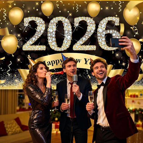Happy New Year Banner 2026-72x44 Inch Extra Large Happy New Year Backdrop, New Years Decorations 2026, NYE Decorations 2026 for Indoor Outdoor Celebration Photography Background in Saudi Arabia