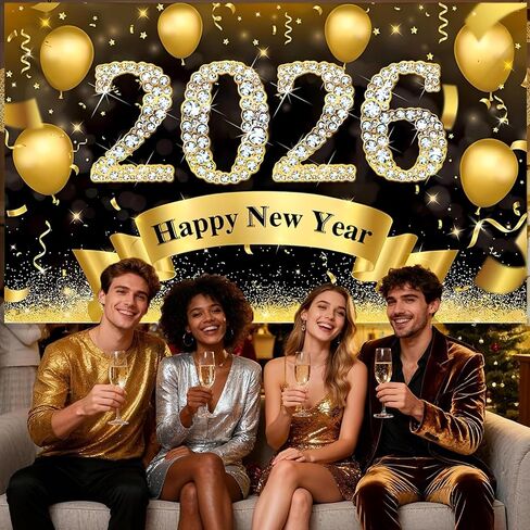 Happy New Year Banner 2026-72x44 Inch Extra Large Happy New Year Backdrop, New Years Decorations 2026, NYE Decorations 2026 for Indoor Outdoor Celebration Photography Background in Saudi Arabia