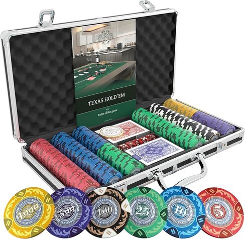 Bullets Playing Cards - Designer Poker Case Corrado - Deluxe Poker Set with 500 Clay Poker Chips, Poker Rules Manual, Dealer Button and Bullets Plastic Poker Cards in Kuwait
