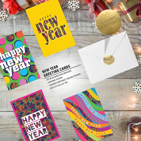 easykart labels 16 Happy New Year Cards Boxed Set With Envelopes and Gold Seal Stickers - 6.75" x 4.5" Assorted New Years Greeting Card Set 2024 With Messages Inside in Saudi Arabia