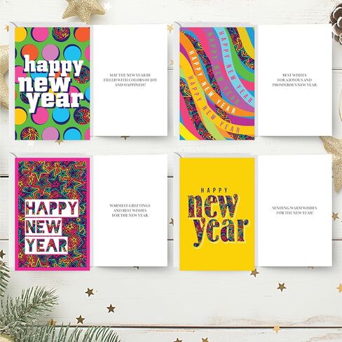 easykart labels 16 Happy New Year Cards Boxed Set With Envelopes and Gold Seal Stickers - 6.75" x 4.5" Assorted New Years Greeting Card Set 2024 With Messages Inside in Saudi Arabia