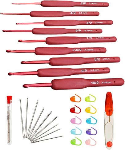 WINDAWNKE 9 PCS Red Crochet Hook Set, Ergonomic Soft Grip Crochet Hook, Crochet Needle Kit with Knitting & Crochet Supplies in Saudi Arabia
