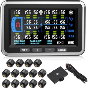 نظام مراقبة ضغط إطارات الشاحنة 13Bar/0-199PSI مع 18 مستشعرًا شاشة ملونة 4.5 بوصة tpms لـ RV/Trailer 6 أوضاع تنبيه للشاحنات الثقيلة والمركبات طويلة الجسم in Kuwait