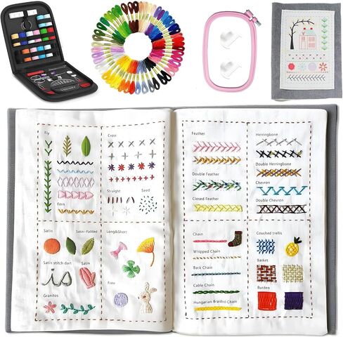 كتاب خياطة KANBO DIY مع مجموعة الخياطة، كتاب الخياطة اليدوية كتب غرز التطريز المحمولة، 16 صفحة كتب تطريز للغرز للمتحمسين والمبتدئين البالغين (106 غرز رائعة) in Kuwait