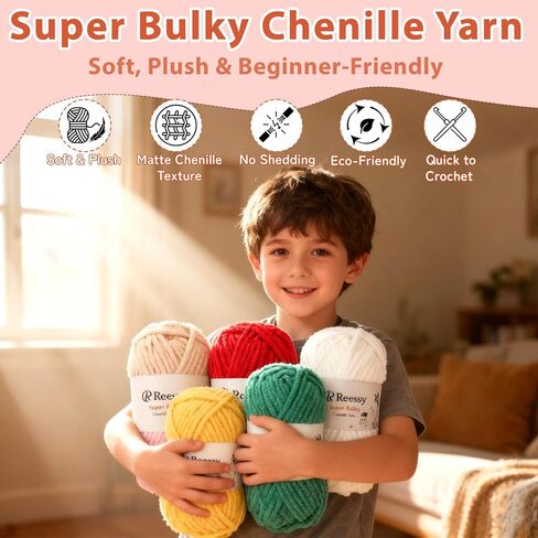 Super Bulky Chenille Yarn – 6 Pack of 100g (Total 600g) - CYC #6 Super Bulky 5mm Thick – Extra Soft Plush Chunky Yarn for Crocheting – Matte Chenille for Baby Blankets, Toys & Hats(Red) in Kuwait