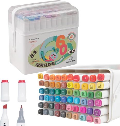 علامات الكحول 60 لونًا مع قاعدة ذات أطراف مزدوجة إزميل وعلامات فنية دائمة دقيقة لكتب التلوين للكبار رسم الرسوم التوضيحية للرسوم المتحركة in Kuwait