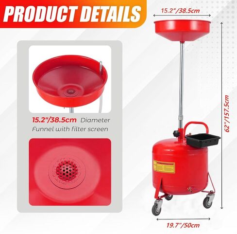 8 Gallon Waste Oil Drain Tank with Wheels, Adjustable Funnel (28-62 Inches), Tool Box & Large Capacity. Ideal for Multiple Oil Changes in Auto Repair Shops and Garages.Red in Saudi Arabia