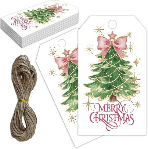 Merry Christmas Paper Gift Labels with String, 2x3.5 Inches Christmas Tree Paper Tags, 50PCS Pink Bow Gift Tags for Present, Xmas Holiday Wrapping Party Favor Decoration Supplies-C13 in Saudi Arabia