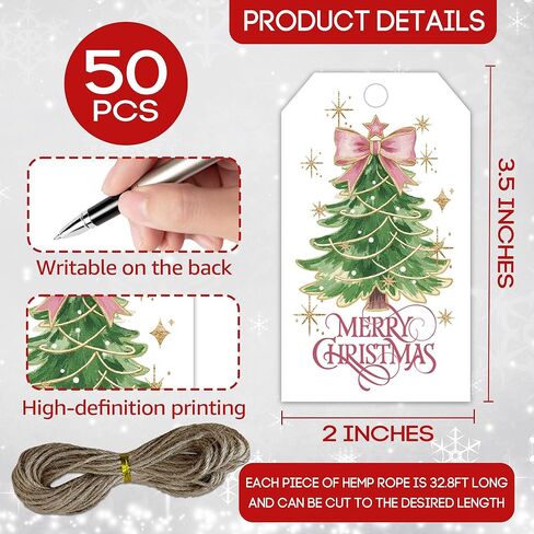Merry Christmas Paper Gift Labels with String, 2x3.5 Inches Christmas Tree Paper Tags, 50PCS Pink Bow Gift Tags for Present, Xmas Holiday Wrapping Party Favor Decoration Supplies-C13 in Saudi Arabia