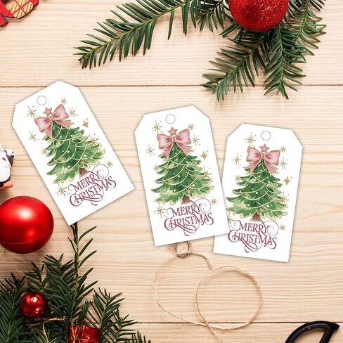 Merry Christmas Paper Gift Labels with String, 2x3.5 Inches Christmas Tree Paper Tags, 50PCS Pink Bow Gift Tags for Present, Xmas Holiday Wrapping Party Favor Decoration Supplies-C13 in Saudi Arabia