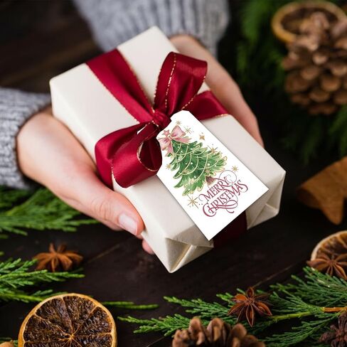 Merry Christmas Paper Gift Labels with String, 2x3.5 Inches Christmas Tree Paper Tags, 50PCS Pink Bow Gift Tags for Present, Xmas Holiday Wrapping Party Favor Decoration Supplies-C13 in Saudi Arabia