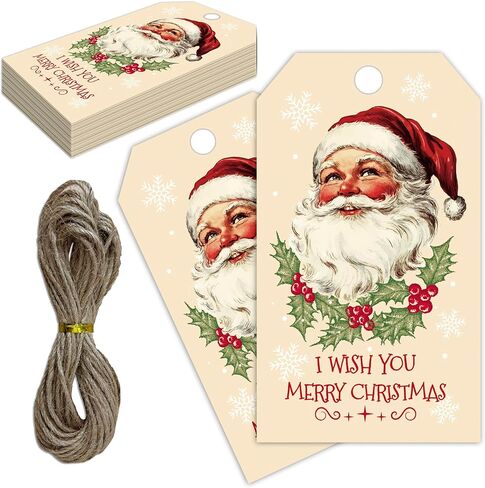 Merry Christmas Paper Gift Labels with String, 2x3.5 Inches Christmas Tree Paper Tags, 50PCS Pink Bow Gift Tags for Present, Xmas Holiday Wrapping Party Favor Decoration Supplies-C13 in Saudi Arabia