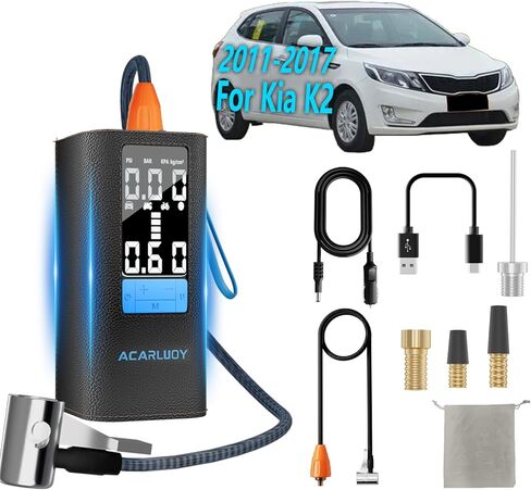 ضاغط هواء محمول لإطارات السيارة - نفخ أسرع 3 مرات، مناسب لسيارة Kia K2 (2011-2017)، بطارية 6000 مللي أمبير في الساعة، شاشة LCD، ضوء LED، إيقاف تلقائي in Kuwait