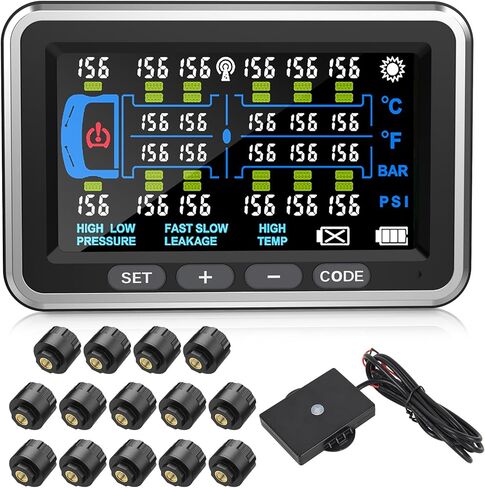 نظام مراقبة ضغط إطارات الشاحنة 13Bar/0-199PSI مع 18 مستشعرًا شاشة ملونة 4.5 بوصة tpms لـ RV/Trailer 6 أوضاع تنبيه للشاحنات الثقيلة والمركبات طويلة الجسم in Kuwait