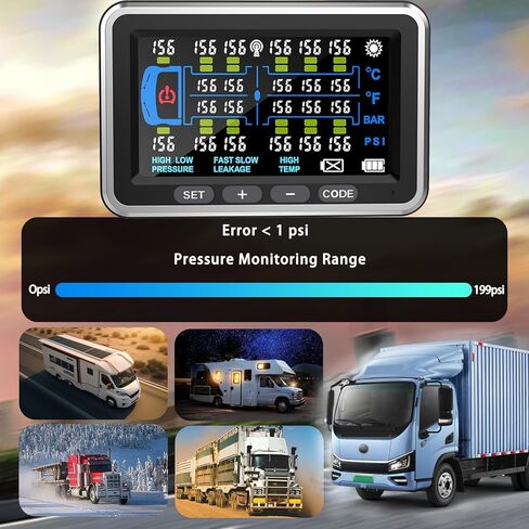 نظام مراقبة ضغط إطارات الشاحنة 13Bar/0-199PSI مع 18 مستشعرًا شاشة ملونة 4.5 بوصة tpms لـ RV/Trailer 6 أوضاع تنبيه للشاحنات الثقيلة والمركبات طويلة الجسم in Kuwait