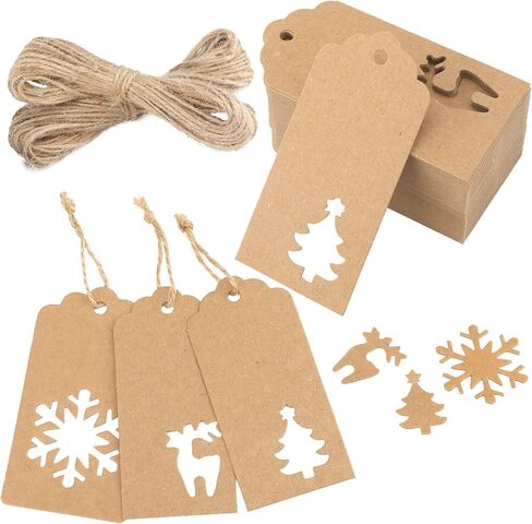Joycraft 150Pcs Tags with String, 3 Style Kraft Paper Blank Hollow-Out Tags, Personalized Gift Hangtags for Package, Christmas Party, and Holiday (Snowflakes, Trees, Fawn) in Saudi Arabia