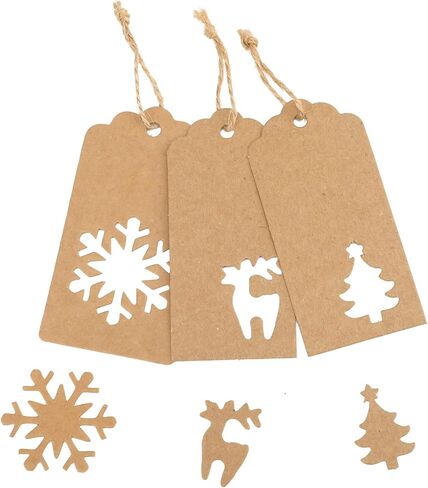 Joycraft 150Pcs Tags with String, 3 Style Kraft Paper Blank Hollow-Out Tags, Personalized Gift Hangtags for Package, Christmas Party, and Holiday (Snowflakes, Trees, Fawn) in Saudi Arabia